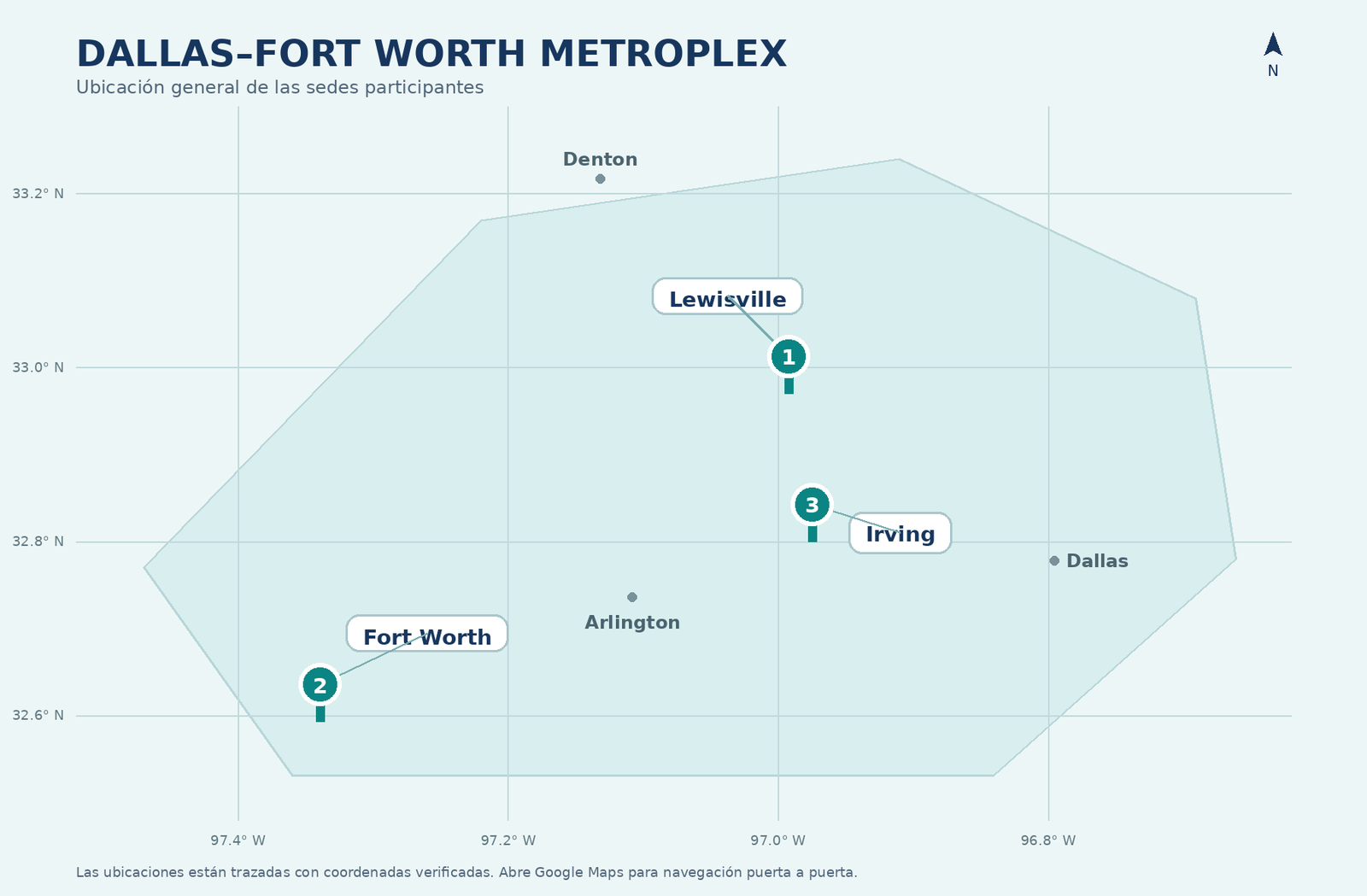 Mapa estático del Metroplex con las sedes de Sagrada Salud en Lewisville, Fort Worth e Irving