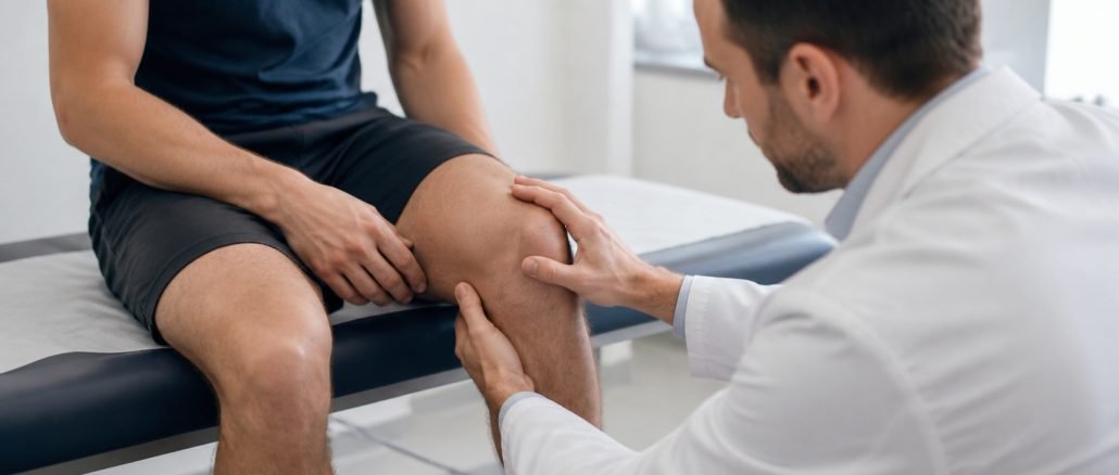 Especialista en ortopedia examinando la rodilla de un paciente